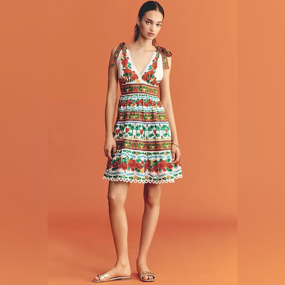 Farm Rio Anthropologie v neck tiered mini dress